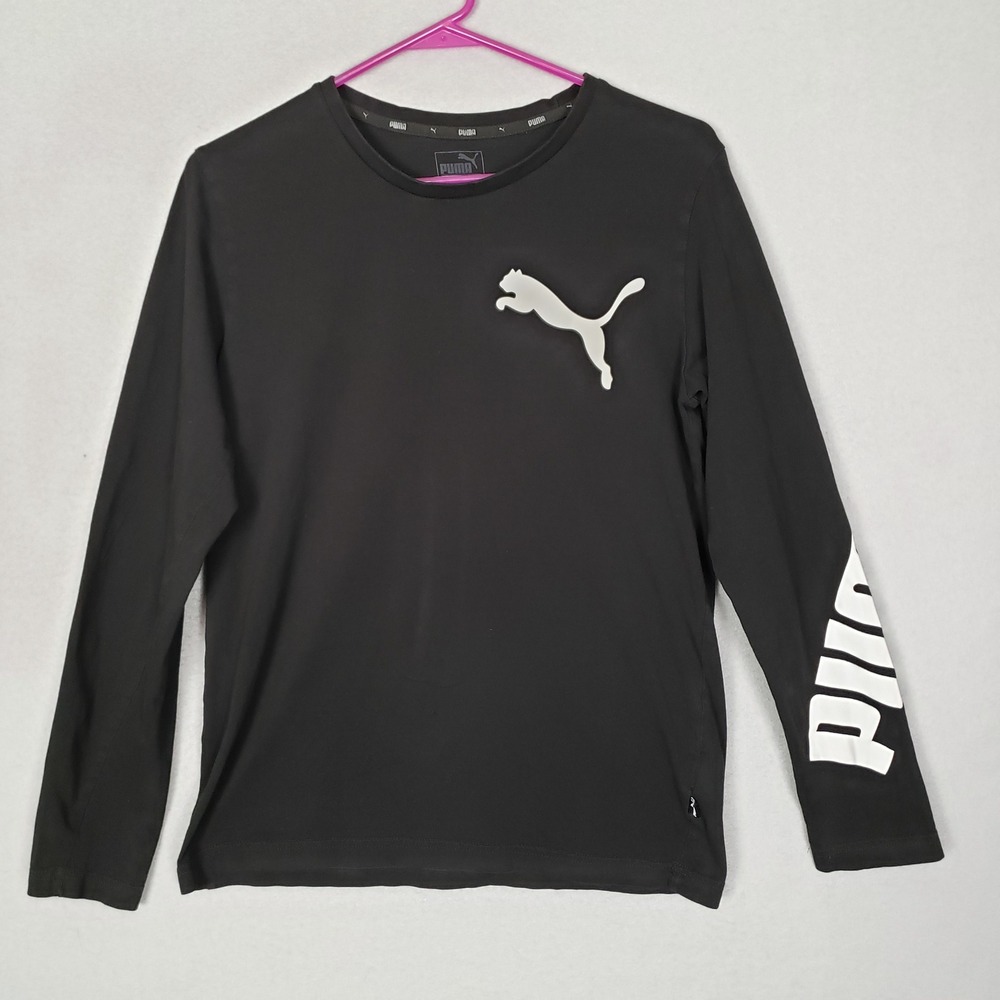 Puma Size S Casual Long Sleeve Tee Shirt Black‎ White Spellout Arm Logo Sporty